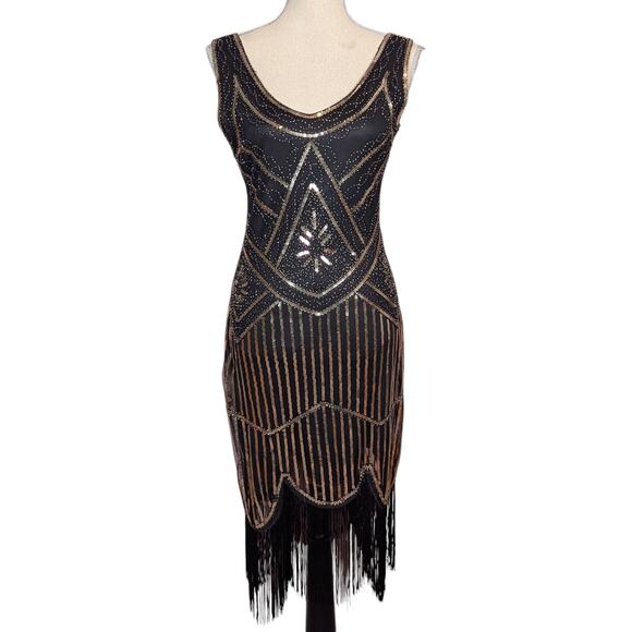 Retro Sequin Flapper Dress with Fringe Black and Gold Small - Picture 1 of 14